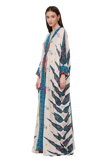 Shop_Limerick By Abirr N' Nanki_Off White Crepe Moroccan And Floral Print V Neck Gili Bi Kaftan _Online_at_Aza_Fashions