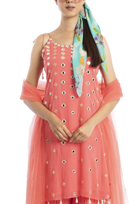 Shop Seams Pret And Couture Peach Georgette Embroidered Mirror Work Round Kurta Sharara Set at Aza Fashions Shop_Seams Pret And Couture_Peach Georgette Embroidered Mirror Work Round Kurta Sharara Set _at_Aza_Fashions