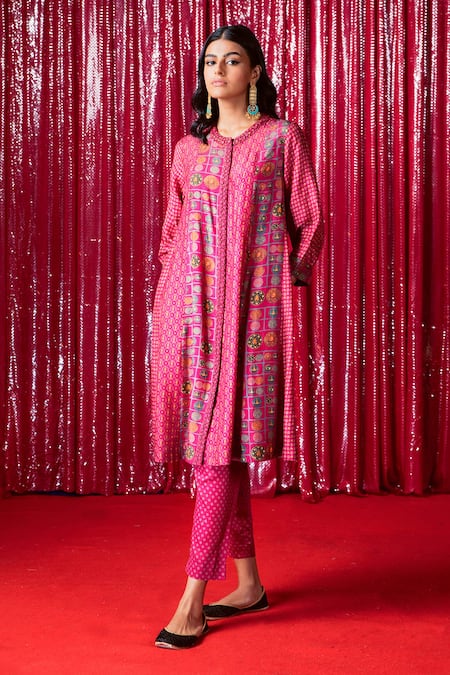 Saundh Pink Raw Silk Printed Flared Kurta Set