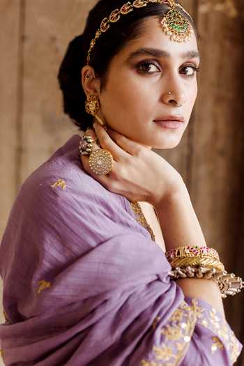 Shop_Gulabo Jaipur_Purple Ultra Muslin Floral, Gota, Taari V Neck Sweta Embroidered Kurta Pant Set _Online_at_Aza_Fashions