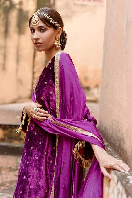 Gulabo Jaipur_Purple Organza, Velvet Floral V Neck Embroidered Kurta Pant Set_at_Aza_Fashions