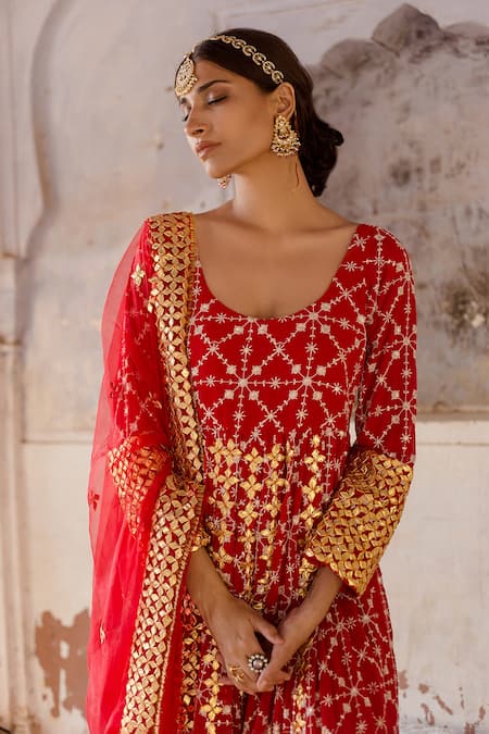 Gulabo Jaipur Red Organza, Georgette Gota Patti Mallika Embroidered Anarkali With Dupatta at Aza Fashions Gulabo Jaipur_Red Organza, Georgette Gota Patti Mallika Embroidered Anarkali With Dupatta _at_Aza_Fashions