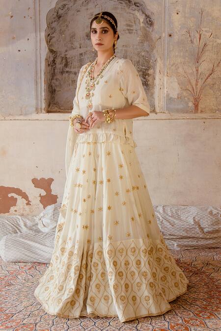 Buy_Gulabo Jaipur_Ivory Soft Cotton Dori V Neck Heer Embroidered Kurta Lehenga Set _Online_at_Aza_Fashions