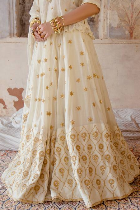 Shop_Gulabo Jaipur_Ivory Soft Cotton Dori V Neck Heer Embroidered Kurta Lehenga Set _Online_at_Aza_Fashions