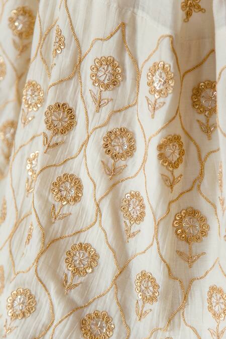 Gulabo Jaipur_Ivory Soft Cotton Dori V Neck Heer Embroidered Kurta Lehenga Set _at_Aza_Fashions