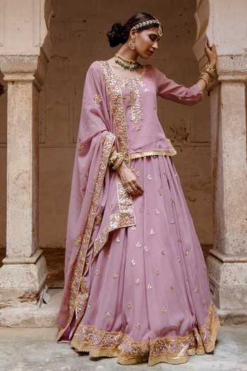 Shop Gulabo Jaipur Purple Georgette Gota Patti Scoop Neck Shagun Work Kurta Lehenga Set Online at Aza Fashions Shop_Gulabo Jaipur_Purple Georgette Gota Patti Scoop Neck Shagun Work Kurta Lehenga Set _Online_at_Aza_Fashions