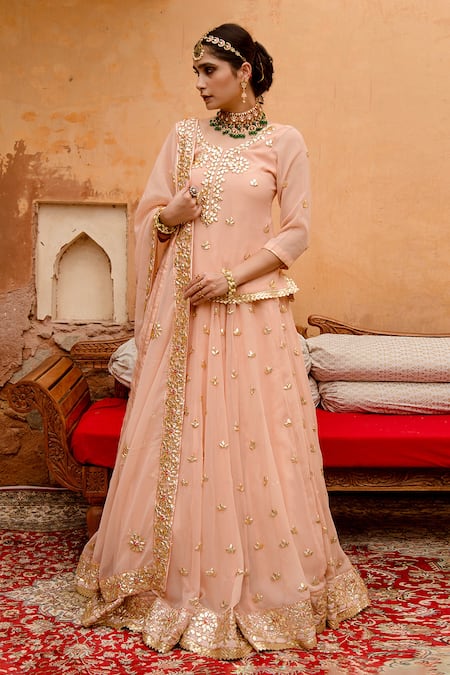 Buy_Gulabo Jaipur_Peach Georgette Gota Patti Scoop Neck Shagun Work Kurta Lehenga Set _Online_at_Aza_Fashions