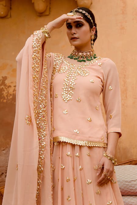 Shop_Gulabo Jaipur_Peach Georgette Gota Patti Scoop Neck Shagun Work Kurta Lehenga Set _Online_at_Aza_Fashions