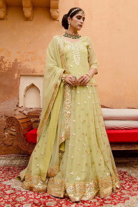 Gulabo Jaipur_Green Georgette Gota Patti Scoop Neck Shagun Work Kurta Lehenga Set _Online_at_Aza_Fashions