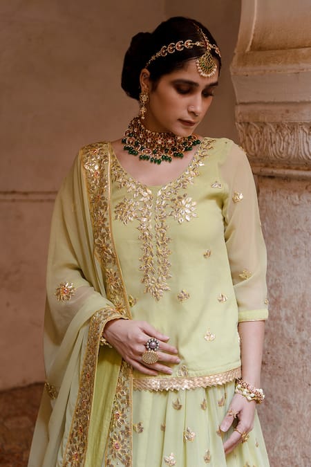 Buy_Gulabo Jaipur_Green Georgette Gota Patti Scoop Neck Shagun Work Kurta Lehenga Set _Online_at_Aza_Fashions