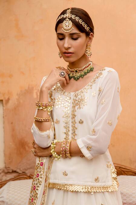 Shop_Gulabo Jaipur_White Georgette Gota Patti Scoop Neck Shagun Work Kurta Lehenga Set _Online_at_Aza_Fashions