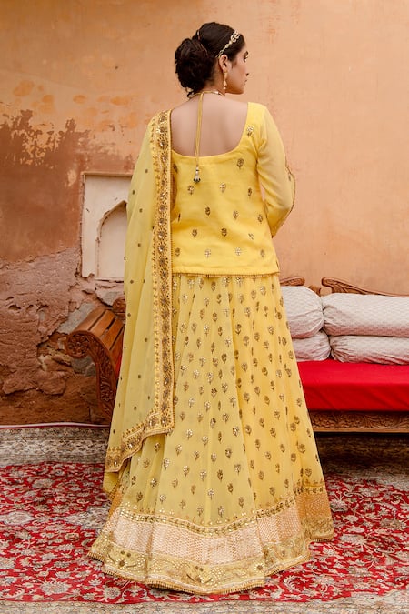 Yellow Color Vaishali Silk Printed Gota Patti Work Designer Plus Size  Lehenga Choli -63161