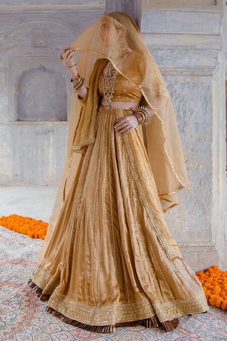 Buy_Gulabo Jaipur_Beige Tussar Satin Stripes Swara Lehenga Set With Unstitched Blouse Fabric _Online_at_Aza_Fashions