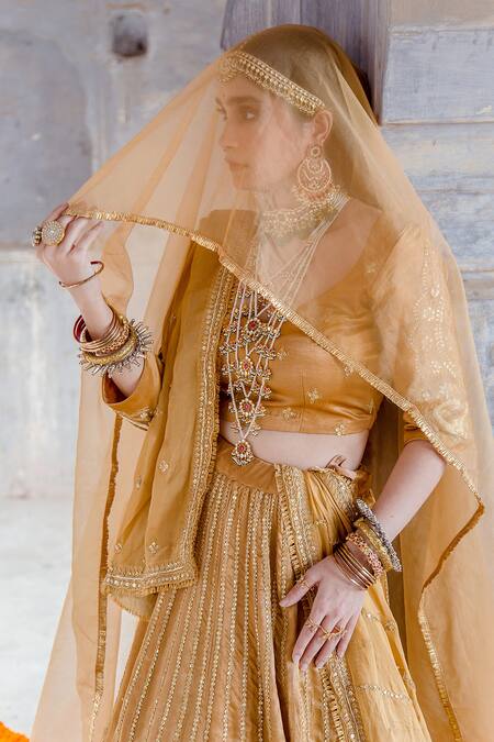 Shop_Gulabo Jaipur_Beige Tussar Satin Stripes Swara Lehenga Set With Unstitched Blouse Fabric _Online_at_Aza_Fashions