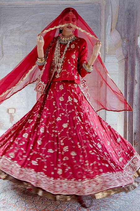 Gulabo Jaipur_Red Tussar Satin Floral Rati Lehenga Set With Unstitched Blouse Fabric _Online_at_Aza_Fashions