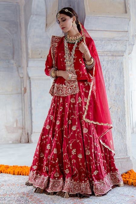 Buy_Gulabo Jaipur_Red Tussar Satin Floral Rati Lehenga Set With Unstitched Blouse Fabric _Online_at_Aza_Fashions