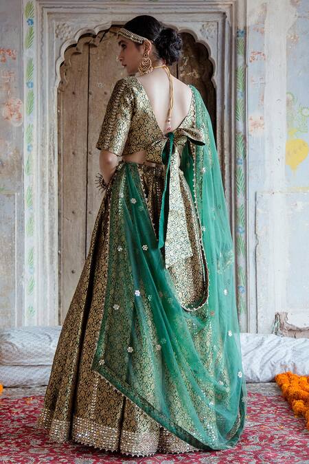 Shop Gulabo Jaipur Green Brocade Swati Lehenga Set With Unstitched Blouse Fabric at Aza Fashions Shop_Gulabo Jaipur_Green Brocade Swati Lehenga Set With Unstitched Blouse Fabric_at_Aza_Fashions