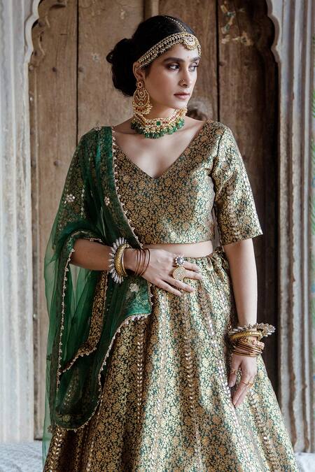 Buy Gulabo Jaipur Green Brocade Swati Lehenga Set With Unstitched Blouse Fabric Online at Aza Fashions Buy_Gulabo Jaipur_Green Brocade Swati Lehenga Set With Unstitched Blouse Fabric_Online_at_Aza_Fashions