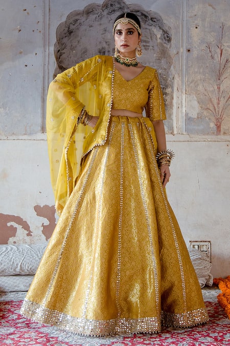 Gulabo Jaipur Yellow Brocade Embroidered Swati Lehenga Set With Unstitched Blouse Fabric 