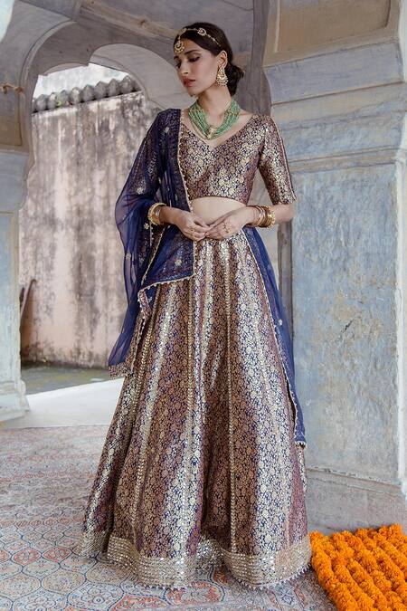 Shop Gulabo Jaipur Blue Brocade Swati Lehenga Set With Unstitched Blouse Fabric at Aza Fashions Shop_Gulabo Jaipur_Blue Brocade Swati Lehenga Set With Unstitched Blouse Fabric_at_Aza_Fashions