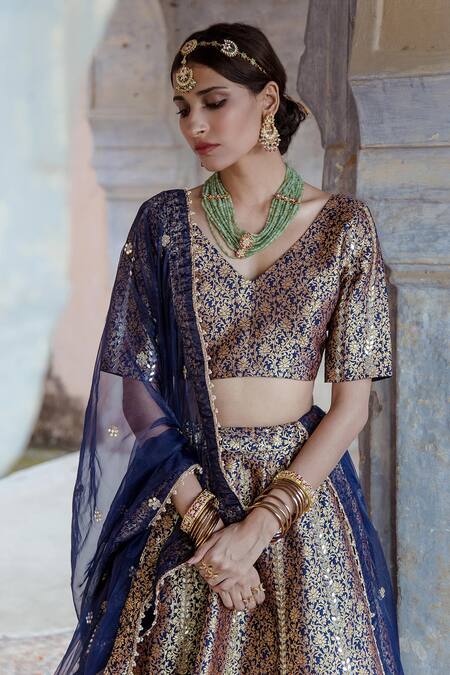 Buy Gulabo Jaipur Blue Brocade Swati Lehenga Set With Unstitched Blouse Fabric Online at Aza Fashions Buy_Gulabo Jaipur_Blue Brocade Swati Lehenga Set With Unstitched Blouse Fabric_Online_at_Aza_Fashions