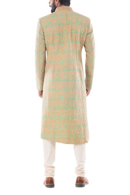 Shop Smriti By Anju Agarwal Green Raw , Cotton Embroidered Sherwani Set at Aza Fashions Shop_Smriti By Anju Agarwal_Green Raw , Cotton Embroidered Sherwani Set_at_Aza_Fashions