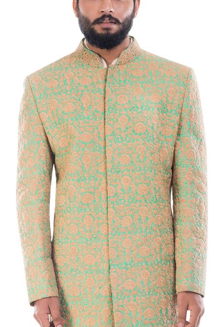 Buy Smriti By Anju Agarwal Green Raw , Cotton Embroidered Sherwani Set Online at Aza Fashions Buy_Smriti By Anju Agarwal_Green Raw , Cotton Embroidered Sherwani Set_Online_at_Aza_Fashions