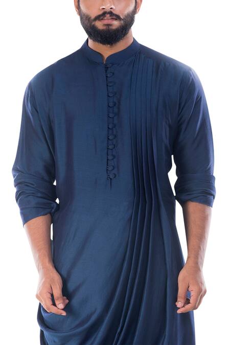 Buy_Smriti By Anju Agarwal_Blue Cotton , Bam Draped Kurta Set_Online_at_Aza_Fashions