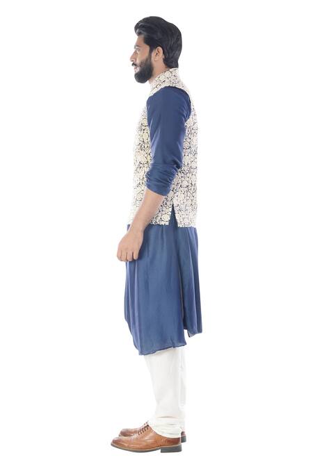 Smriti By Anju Agarwal_Blue Raw , Cotton , Bam Embroidered Bundi And Draped Kurta Set _Online_at_Aza_Fashions