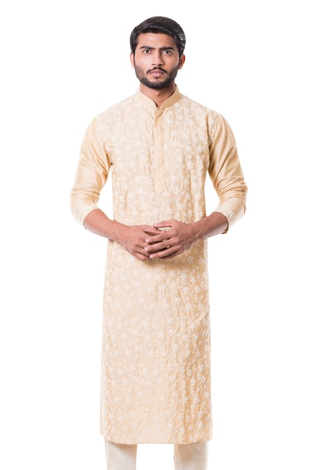 Smriti By Anju Agarwal Beige Cotton Silk Embroidered Kurta Set