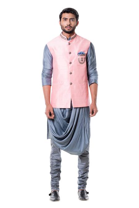 Smriti By Anju Agarwal Grey , Raw , Cotton Embroidered Bundi And Draped Kurta Set Online at Aza Fashions Smriti By Anju Agarwal_Grey , Raw , Cotton Embroidered Bundi And Draped Kurta Set_Online_at_Aza_Fashions