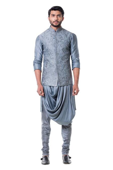 Smriti By Anju Agarwal_Grey , Raw , Cotton Embroidered Bundi And Draped Kurta Set _Online_at_Aza_Fashions