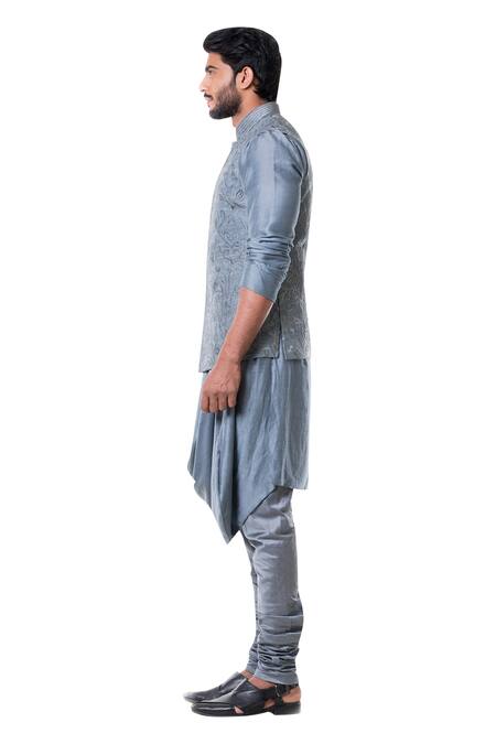 Buy_Smriti By Anju Agarwal_Grey , Raw , Cotton Embroidered Bundi And Draped Kurta Set _Online_at_Aza_Fashions
