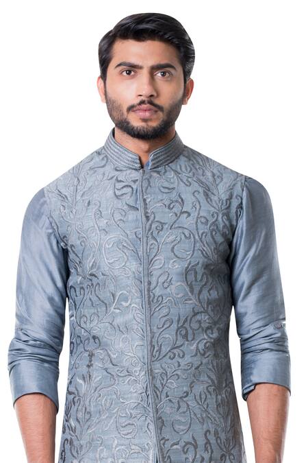 Shop_Smriti By Anju Agarwal_Grey , Raw , Cotton Embroidered Bundi And Draped Kurta Set _Online_at_Aza_Fashions