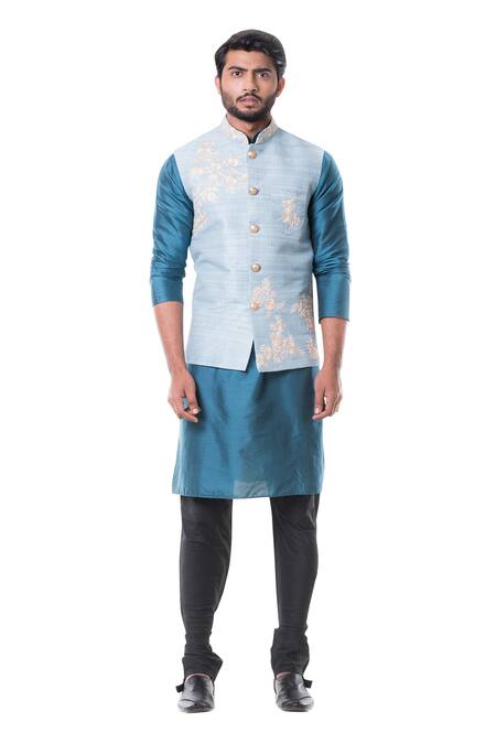 Buy_Smriti By Anju Agarwal_Blue Cotton Silk Embroidered Bundi And Kurta Set _Online_at_Aza_Fashions