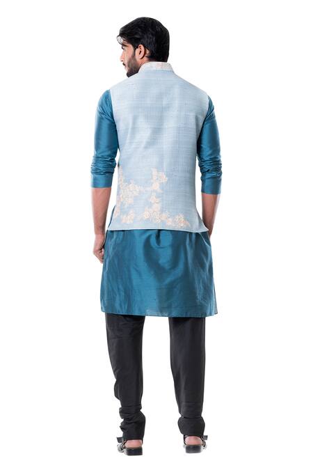 Shop_Smriti By Anju Agarwal_Blue Cotton Silk Embroidered Bundi And Kurta Set _at_Aza_Fashions