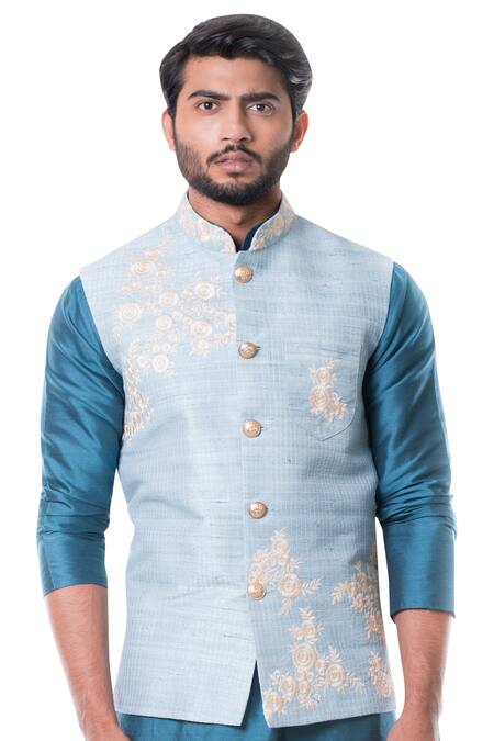 Shop_Smriti By Anju Agarwal_Blue Cotton Silk Embroidered Bundi And Kurta Set _Online_at_Aza_Fashions