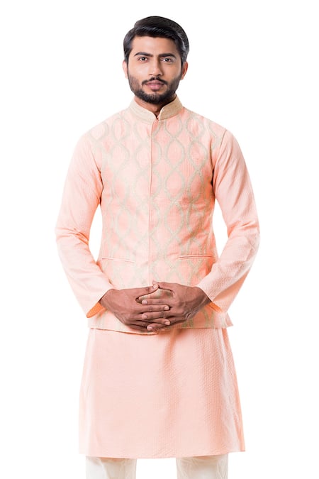 Smriti By Anju Agarwal Peach Raw , Cotton Embroidered Bundi And Kurta Set