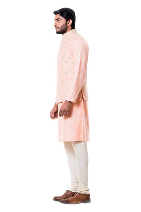 Smriti By Anju Agarwal_Peach Raw , Cotton Embroidered Bundi And Kurta Set _Online_at_Aza_Fashions