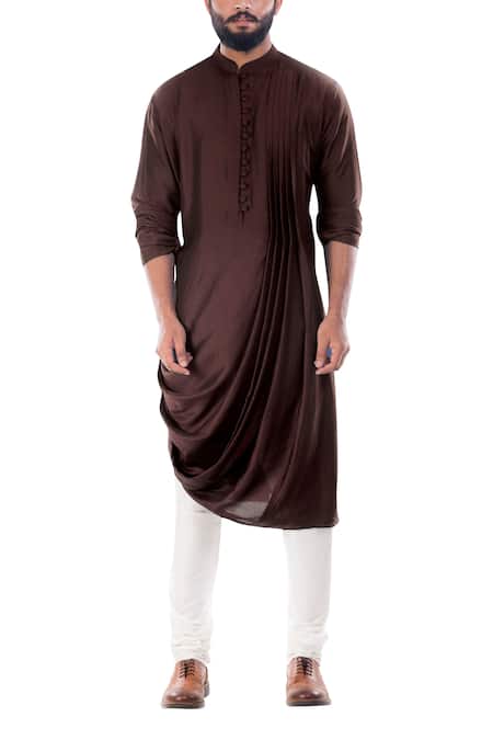 Smriti by Anju Agarwal Brown Cotton Silk Draped Kurta Set 