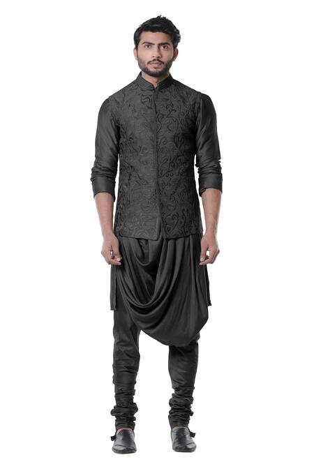 Buy Smriti By Anju Agarwal Black , Raw , Cotton Embroidered Bundi And Draped Kurta Set Online at Aza Fashions Buy_Smriti By Anju Agarwal_Black , Raw , Cotton Embroidered Bundi And Draped Kurta Set _Online_at_Aza_Fashions
