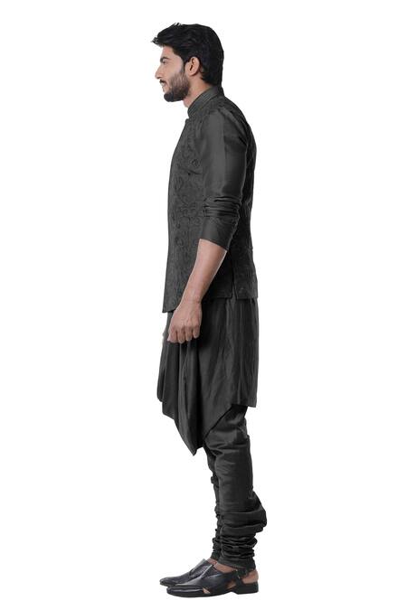 Smriti By Anju Agarwal Black , Raw , Cotton Embroidered Bundi And Draped Kurta Set Online at Aza Fashions Smriti By Anju Agarwal_Black , Raw , Cotton Embroidered Bundi And Draped Kurta Set _Online_at_Aza_Fashions