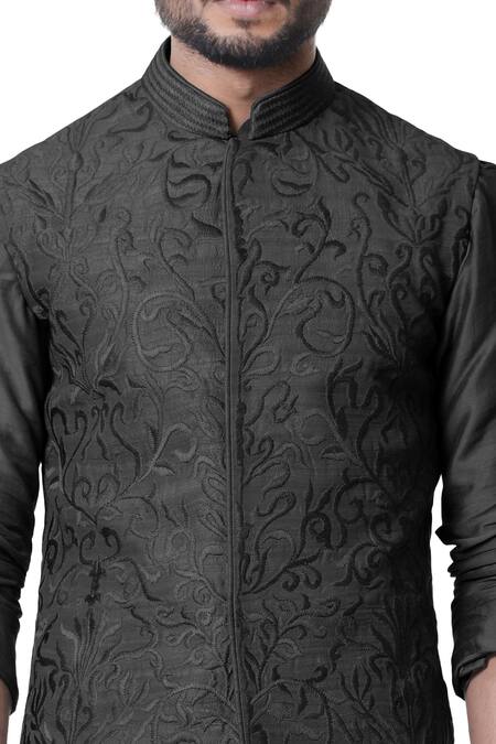 Shop Smriti By Anju Agarwal Black , Raw , Cotton Embroidered Bundi And Draped Kurta Set Online at Aza Fashions Shop_Smriti By Anju Agarwal_Black , Raw , Cotton Embroidered Bundi And Draped Kurta Set _Online_at_Aza_Fashions