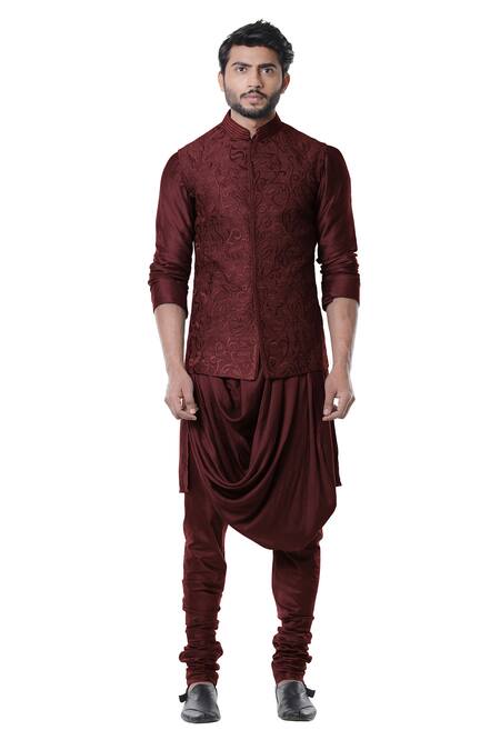 Buy Smriti By Anju Agarwal Maroon , Raw , Cotton Embroidered Bundi And Draped Kurta Set Online at Aza Fashions Buy_Smriti By Anju Agarwal_Maroon , Raw , Cotton Embroidered Bundi And Draped Kurta Set _Online_at_Aza_Fashions