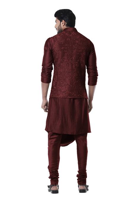 Shop Smriti By Anju Agarwal Maroon , Raw , Cotton Embroidered Bundi And Draped Kurta Set at Aza Fashions Shop_Smriti By Anju Agarwal_Maroon , Raw , Cotton Embroidered Bundi And Draped Kurta Set _at_Aza_Fashions