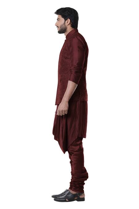 Smriti By Anju Agarwal Maroon , Raw , Cotton Embroidered Bundi And Draped Kurta Set Online at Aza Fashions Smriti By Anju Agarwal_Maroon , Raw , Cotton Embroidered Bundi And Draped Kurta Set _Online_at_Aza_Fashions