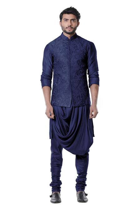 Buy Smriti By Anju Agarwal Blue , Raw , Cotton Embroidered Bundi And Draped Kurta Set Online at Aza Fashions Buy_Smriti By Anju Agarwal_Blue , Raw , Cotton Embroidered Bundi And Draped Kurta Set _Online_at_Aza_Fashions