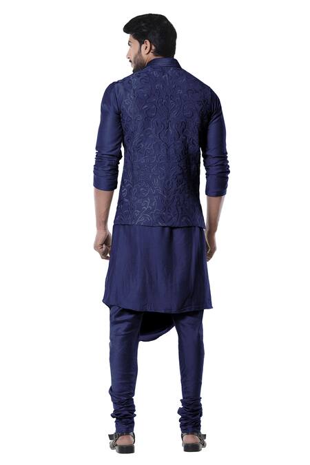 Shop Smriti By Anju Agarwal Blue , Raw , Cotton Embroidered Bundi And Draped Kurta Set at Aza Fashions Shop_Smriti By Anju Agarwal_Blue , Raw , Cotton Embroidered Bundi And Draped Kurta Set _at_Aza_Fashions