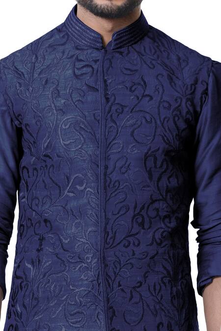 Shop Smriti By Anju Agarwal Blue , Raw , Cotton Embroidered Bundi And Draped Kurta Set Online at Aza Fashions Shop_Smriti By Anju Agarwal_Blue , Raw , Cotton Embroidered Bundi And Draped Kurta Set _Online_at_Aza_Fashions