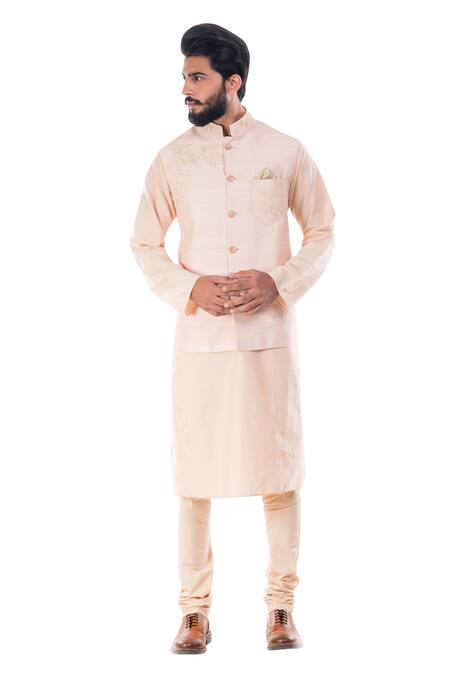 Smriti By Anju Agarwal_Beige Raw , Cotton Embroidered Bundi And Kurta Set _Online_at_Aza_Fashions